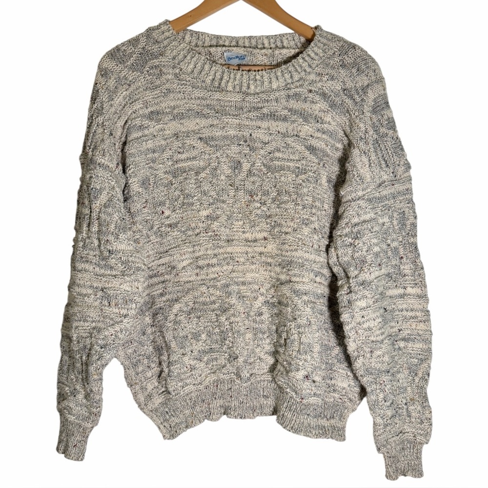 Vintage Bedford Fair 3D Textured Knit Crewneck Sweater 100% Cotton Made USA L